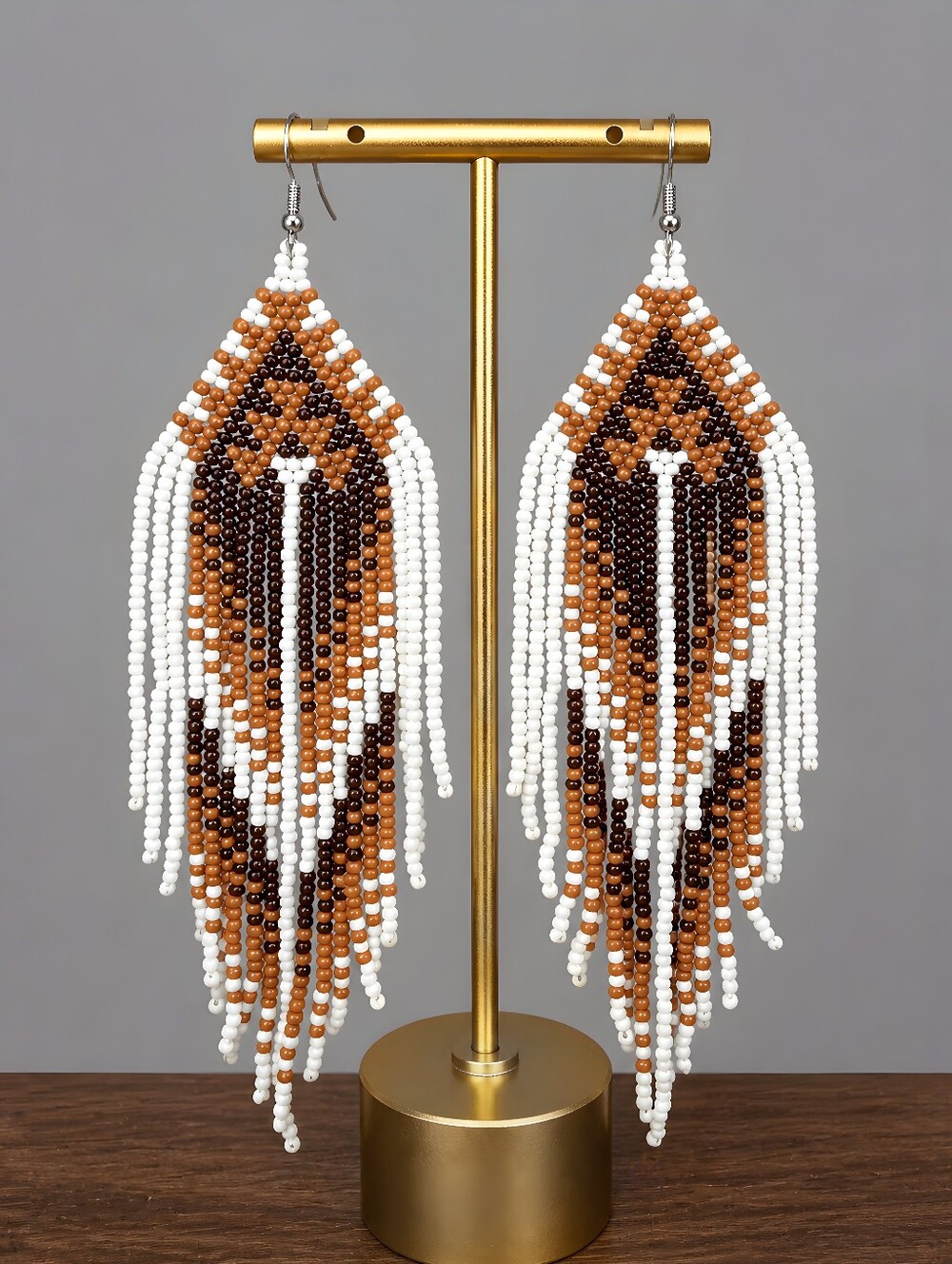 Gaia Southwestern Boho Seed Bead Fringe Earrings Statement - Brown White